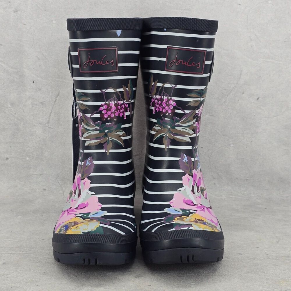New Joules Rain Boots Mid Calf Molly Welly Navy Stripes Flowers Size US: 6 UK: 4 - Picture 3 of 15
